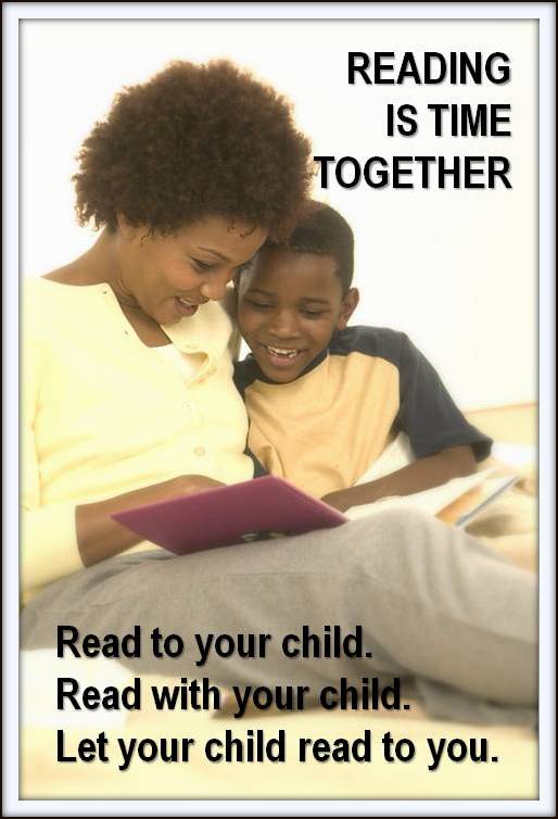 Poster that says Reading Is Time Together and shows a parent reading to child